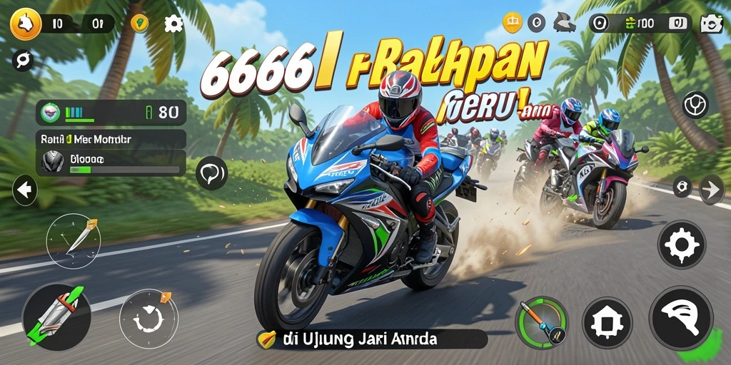 Tampilan gameplay menegangkan dari 666I saat balapan motor di lintasan.