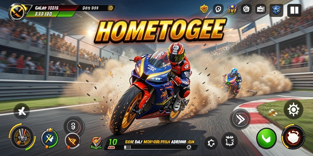 Gameplay HOMETOGEL menampilkan balapan motor penuh adrenalin.