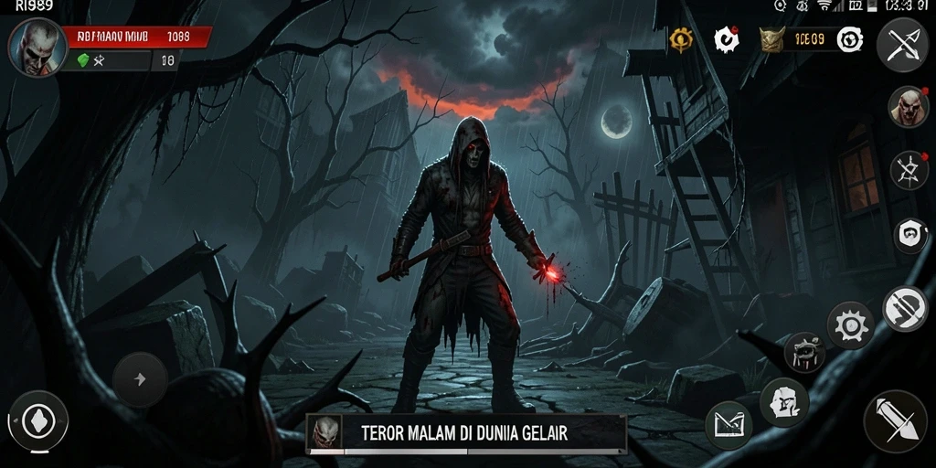 Screenshot gameplay RI889 menampilkan suasana menyeramkan di dunia gelap.