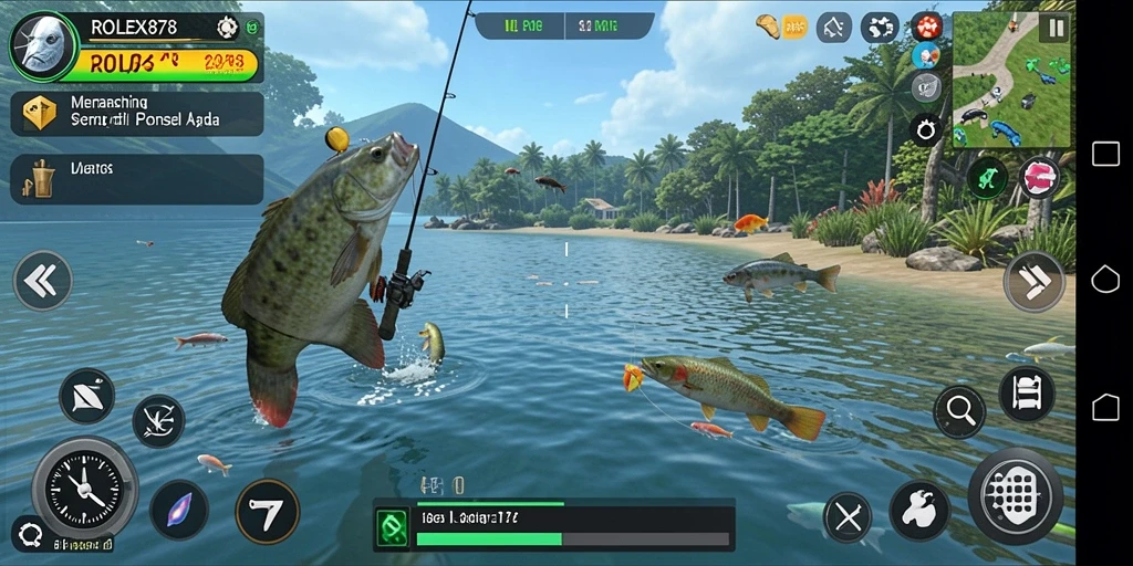 Screenshot gameplay menunjukkan aksi memancing yang seru di ROLEX878.